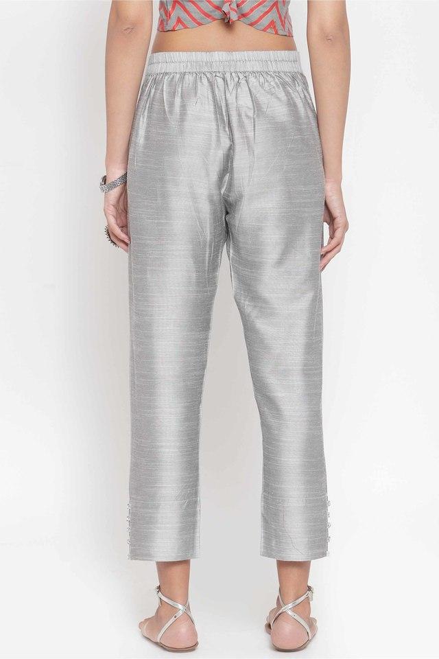 Plain Raw Silk Straight Pant in Grey  THU1766