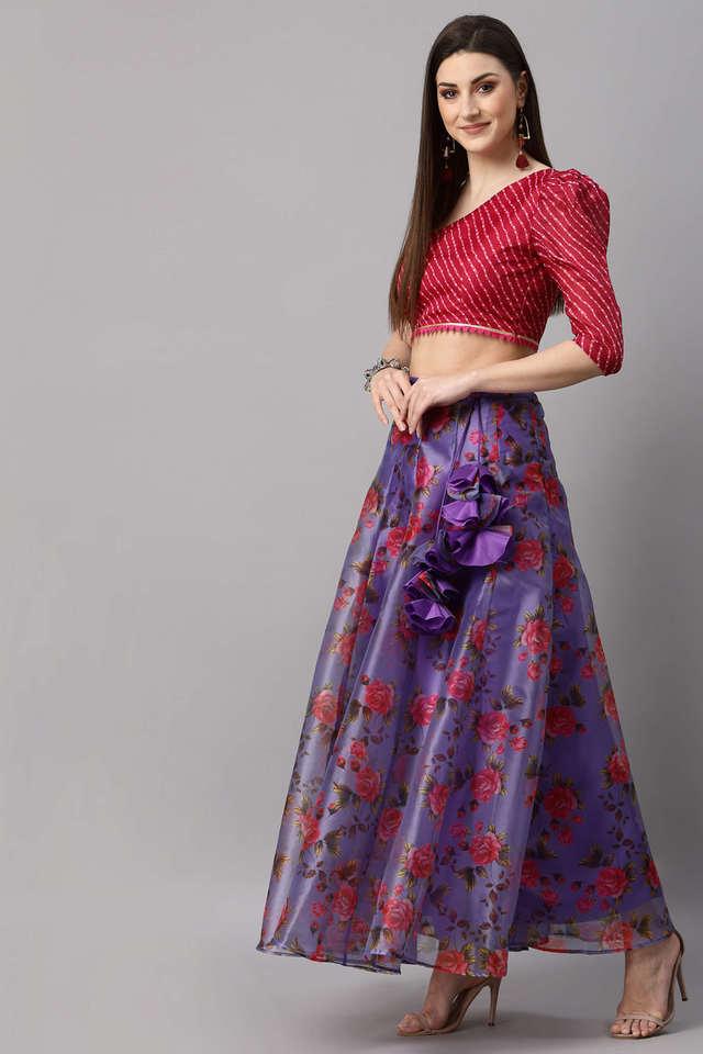 Buy NEUDIS Purple Women Printed Organza Flared Maxi Lehenga Skirt