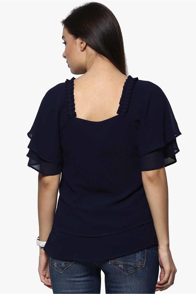 Buy RARE Navy Solid Georgette Square Neck Women's Regular Top