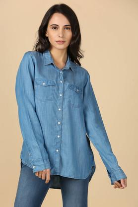 Buy LIFE Solid Denim Collared Neck Womens Denim Shirt