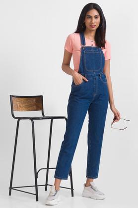 Buy MADAME Navy Solid Denim Womens Ankle Length Dungarees