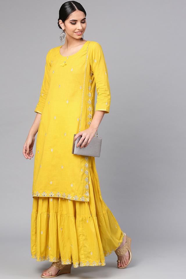 Buy ISHIN Womens Cotton Mustard Yellow Embroidered A-Line Kurta Palazzo Set  | Shoppers Stop