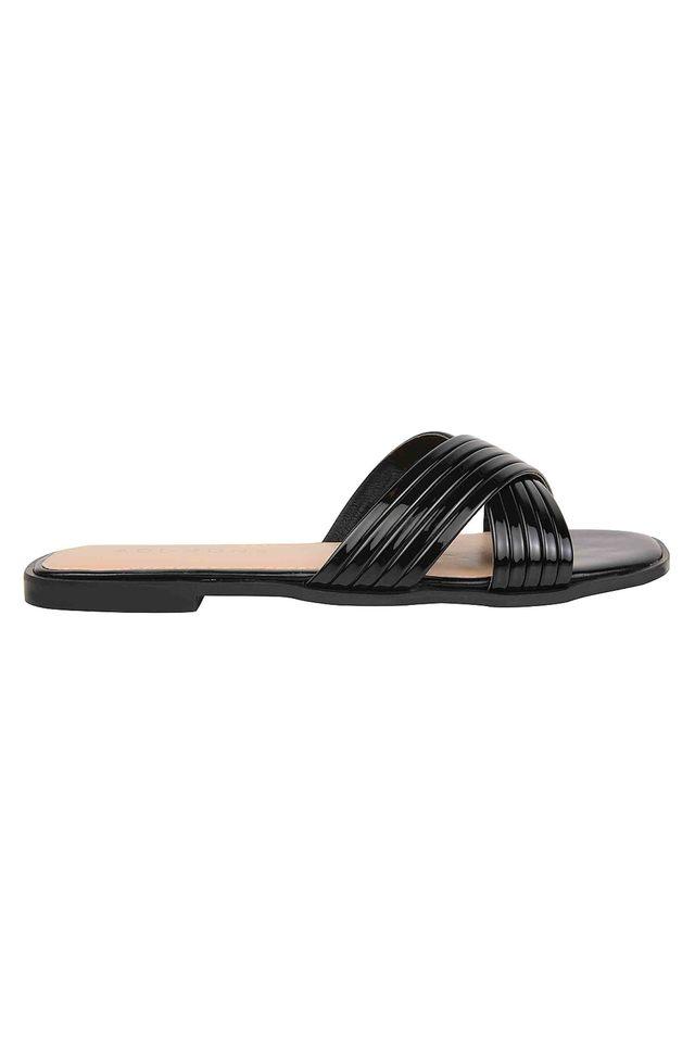 Womens black flat slides hot sale