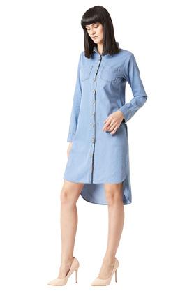 Buy MISS CHASE Light Blue Womens Washed Buttoned High Low Shirt