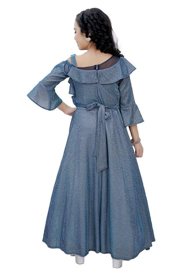 Buy TINY GIRL Blue Solid Woven Polyester One Shoulder Girls Party Wear Gown