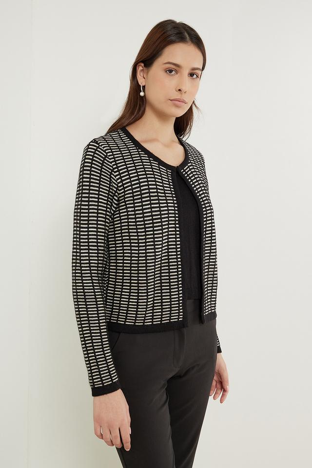 Buy STOP Black White Printed Round Neck Acrylic Women s Formal Wear Sweater Shoppers Stop