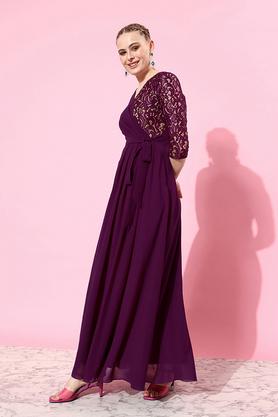 Buy MISS CHASE Purple Lace Georgette V Neck Women's Maxi Dress