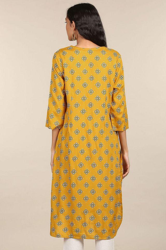 Buy KARIGARI Yellow Printed Rayon Round Neck Women s Kurta