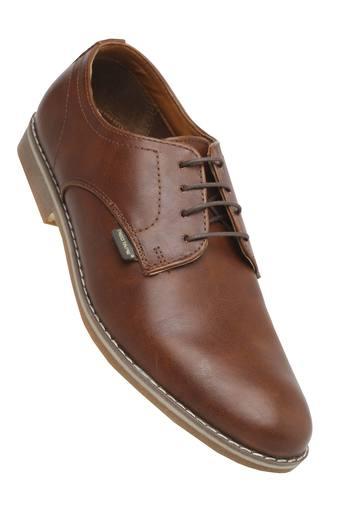 red tape tan derby shoes