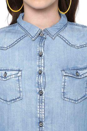 Womens Collared Mild Wash Denim Shirt