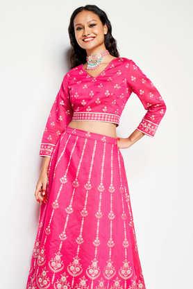 Buy GLOBAL DESI Pink Mix Printed V-Neck Viscose Women's Lehenga