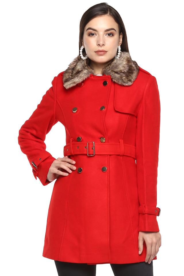 Buy MADAME Red Womens Solid Coat Shoppers Stop