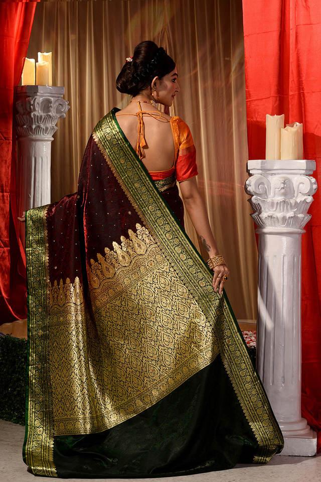 New Years Edit: Emerald Green And Gold Woven Kanjivaram Saree – Zari Banaras