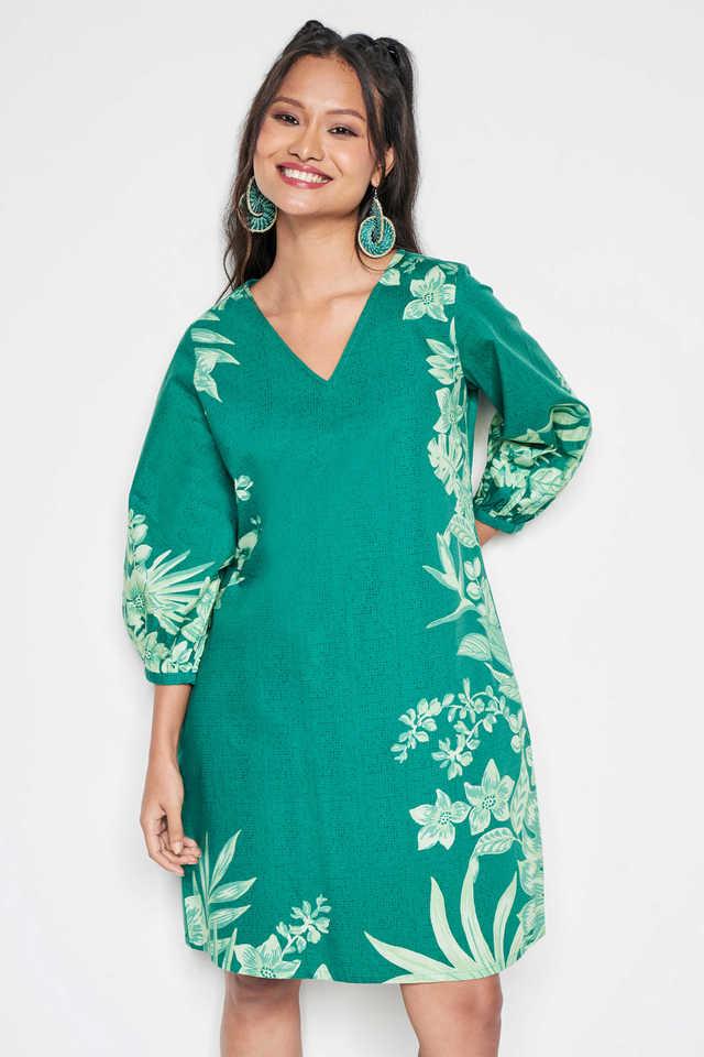 Buy GLOBAL DESI Green Floral V Neck Cotton Women s Knee Length Dress Shoppers Stop