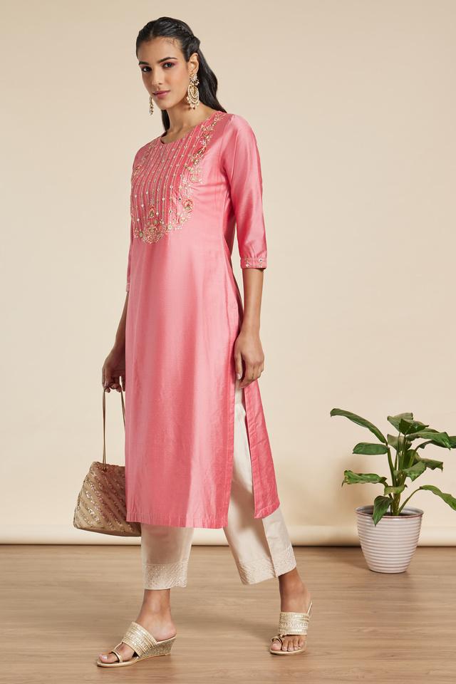 Buy KASHISH Peach Embroidered Viscose Blend Round Neck Womens Festive Wear Kurta Shoppers Stop