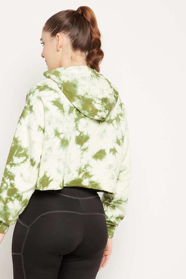 Buy Comfort Fit Tie-Dye Print Cropped Hoodie in Olive Green - 100