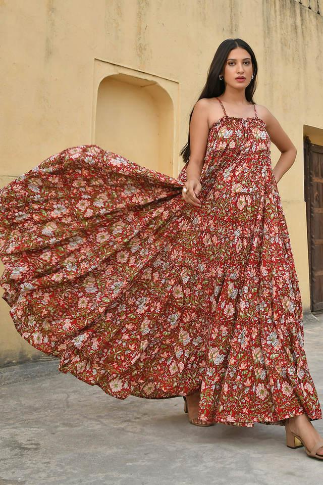 RANTHAMBORE RED FLORAL PRINT LINEN BLEND FABRIC SLEEVELESS MIDI LENGTH  STATEMENT DRESS WITH WAIST CUT