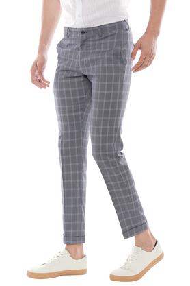 Hancock Men Olive Checks Cotton Elastene Slim Fit Formal Trouser