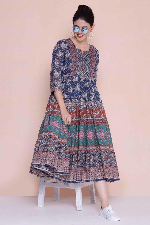 Buy BIBA Navy Printed Round Neck Cotton Womens Tired Dress Shoppers Stop
