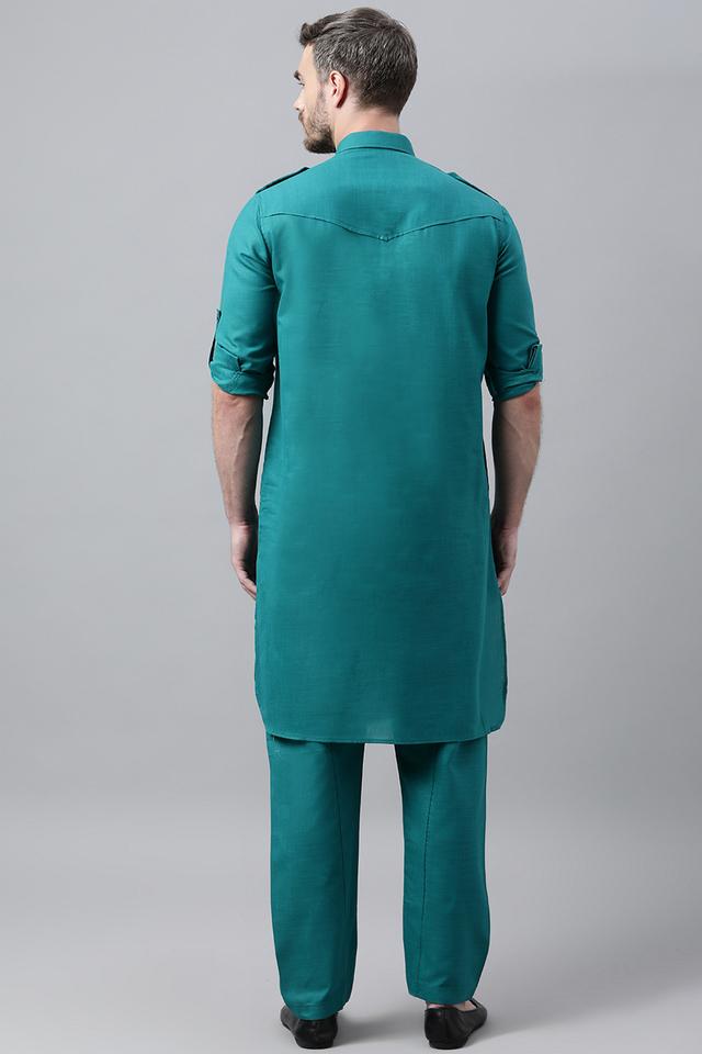 Buy HANGUP Green Solid Polyester Viscose Regular Fit Mens Pathani Set