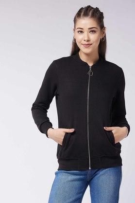 Solid V Neck Fleece And Rib Women s Casual Jacket