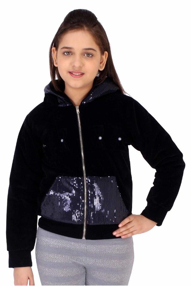 Buy CUTECUMBER Navy Embellished Velvet Hooded Girls Jacket Shoppers Stop