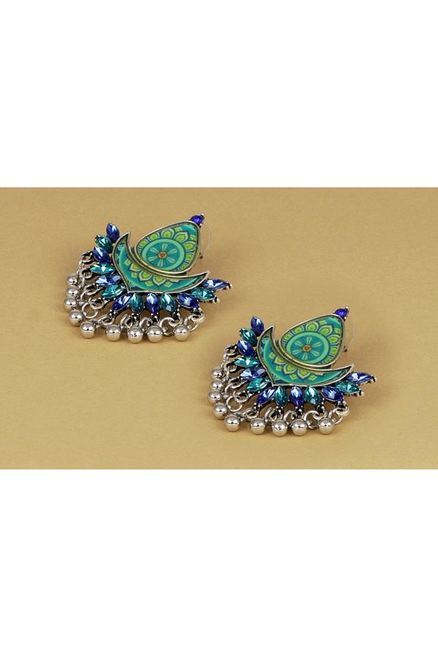 The Elegant Motifs (Teal-Blue) - Embroidered Oxidised Earrings