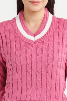 Buy ZINK LONDON Pink Crochet Acrylic V Neck Women's Sweater