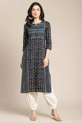 Buy VARANGA Navy Printed Cotton Round Neck Women's Straight Fit