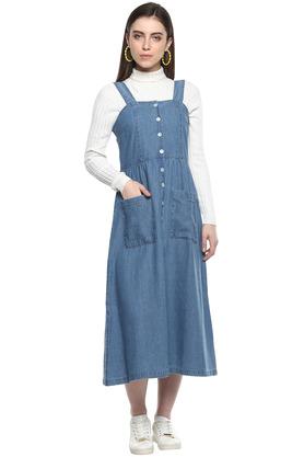 Buy LIFE Womens Strappy Neck Mild Wash Denim Pinafore Dress