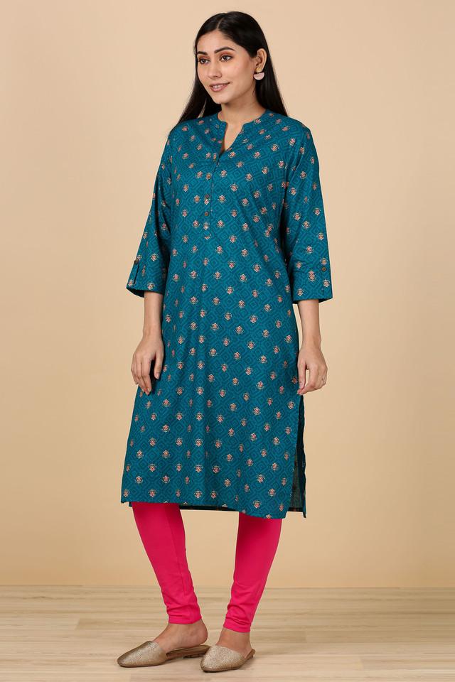 Buy online Women Black Mandarin Collar Straight Kurti from Kurta