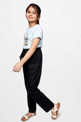 Buy AND GIRL Black Solid Linen Regular Girls Trouser