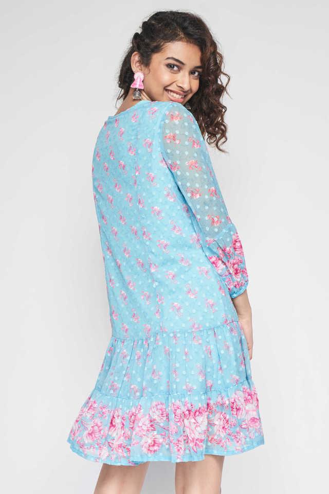 Buy GLOBAL DESI Aqua Floral Round Neck Polyester Women's Knee