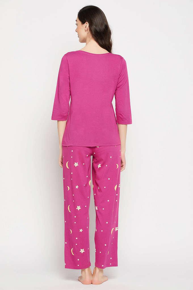 Buy Clovia Pink Cotton Printed T-Shirt and Pyjama (Set of 2) online