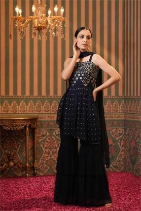 Buy SCAKHI Navy Georgette Sequinned Shoulder Strap Kurti Sharara