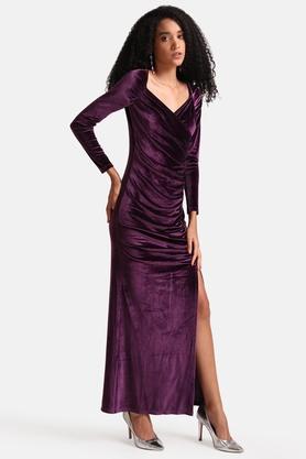 Buy KAZO Purple Solid Velvet V Neck Women's Maxi Dress