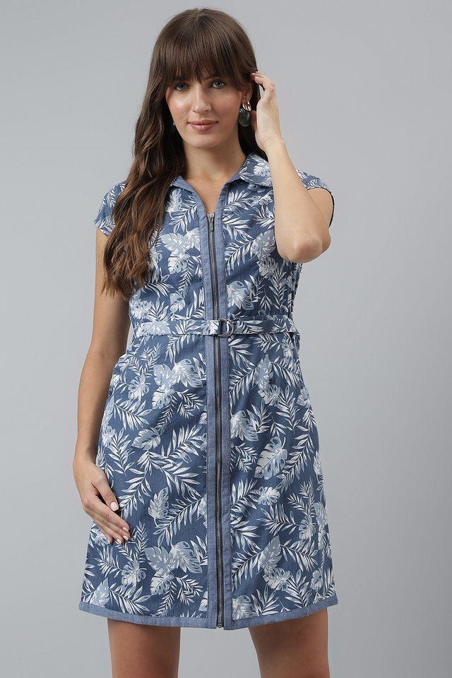 Buy LATIN QUARTERS Blue Printed Collared Cotton Blend Women s Mid Thigh Dress Shoppers Stop