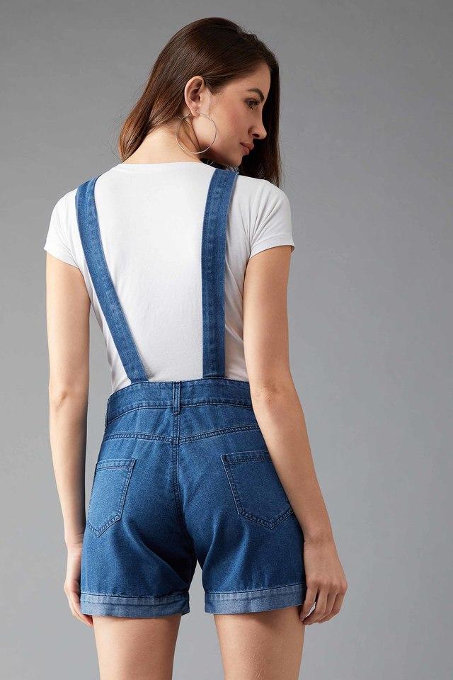 Women Blue Denim Side Buttoned Shorts Dungaree