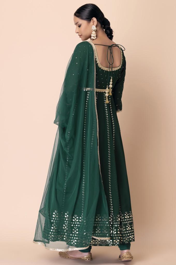 Bottle Green Georgette Embroidered Long Dress (Two Nos in One Set)