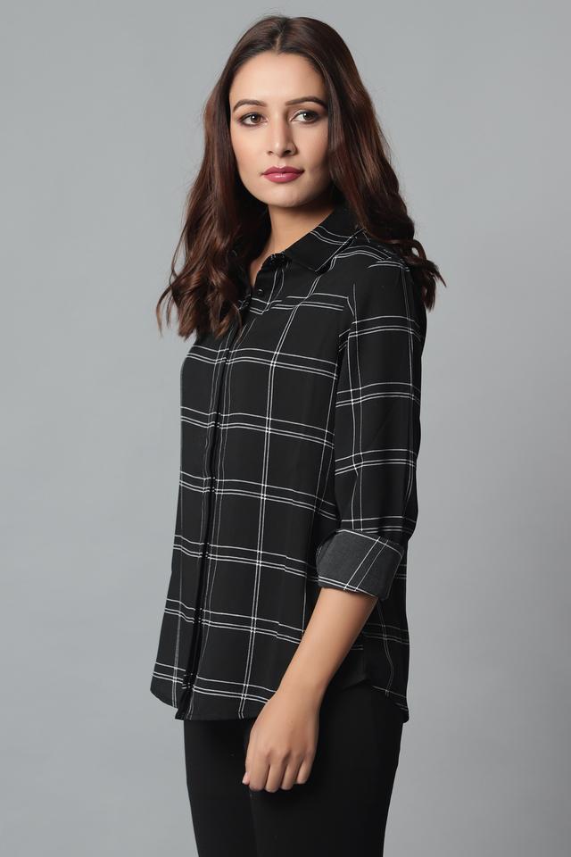 Buy STOP Black Womens Polyester Blend Collar Checks Shirts