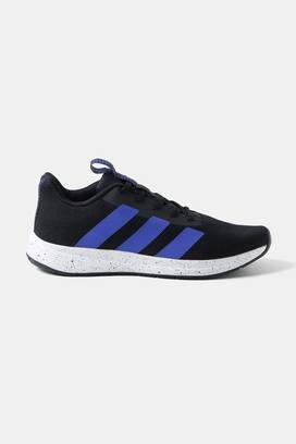 Black adidas shoes with blue stripes hot sale