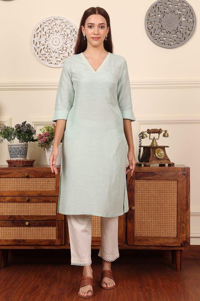 Buy W Blue Solid Lyocell V Neck Women s Kurta Shoppers Stop