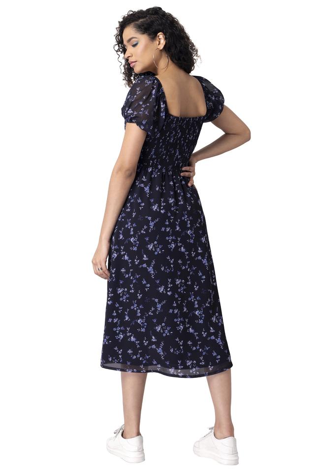 Buy FABALLEY Blue Floral Round Neck Georgette Womens Regular Dresses