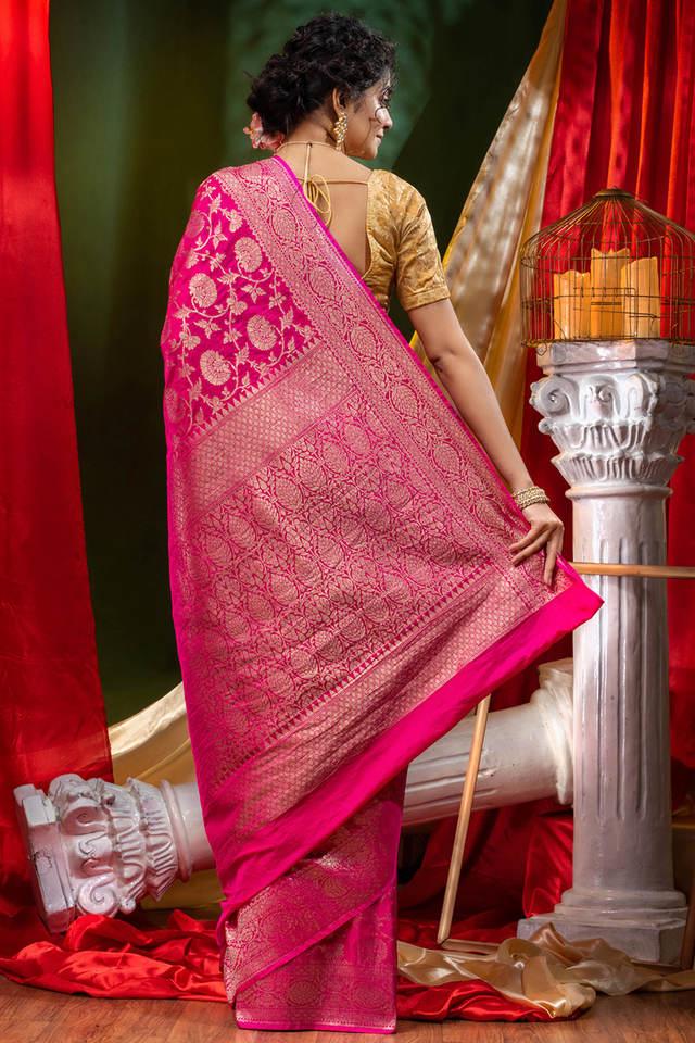 Plain Pink or Pink Hued Sarees with Golden Borders (Zari & No Zari)