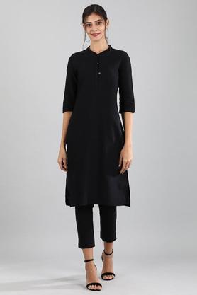 Buy AURELIA Black Womens Mandarin Collar Solid Kurta