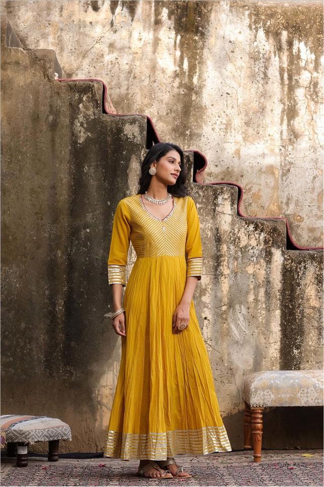 Mustard Yellow Tubby Organza 2-Piece (Gown & Dupatta) Set with Picko D –  Sukriti Store