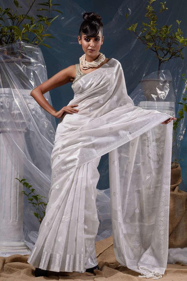 Ivory White Handloom Weave Soft Banarasi Silk Saree – Ethnos