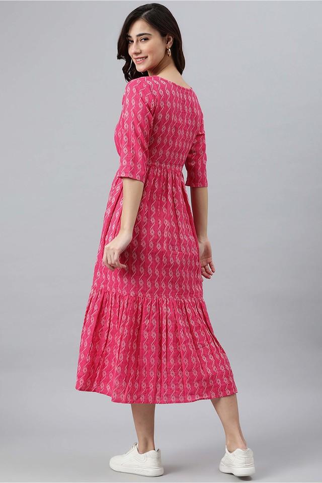 Buy JANASYA Pink Janasya Women's Pink Cotton Woven Design Tiered Western  Dress