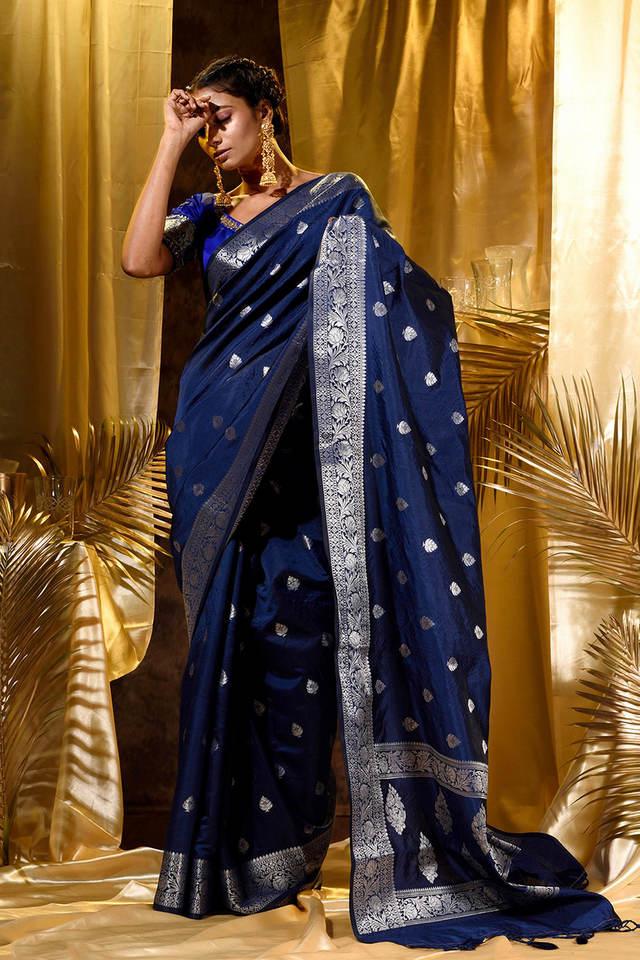 Blue Silk Saree With Embroidered Blouse