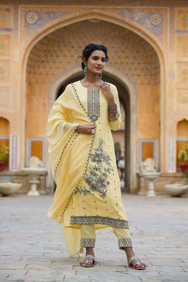 Buy SCAKHI Yellow Floral Silk Round Neck Women s Salwar Suit Shoppers Stop